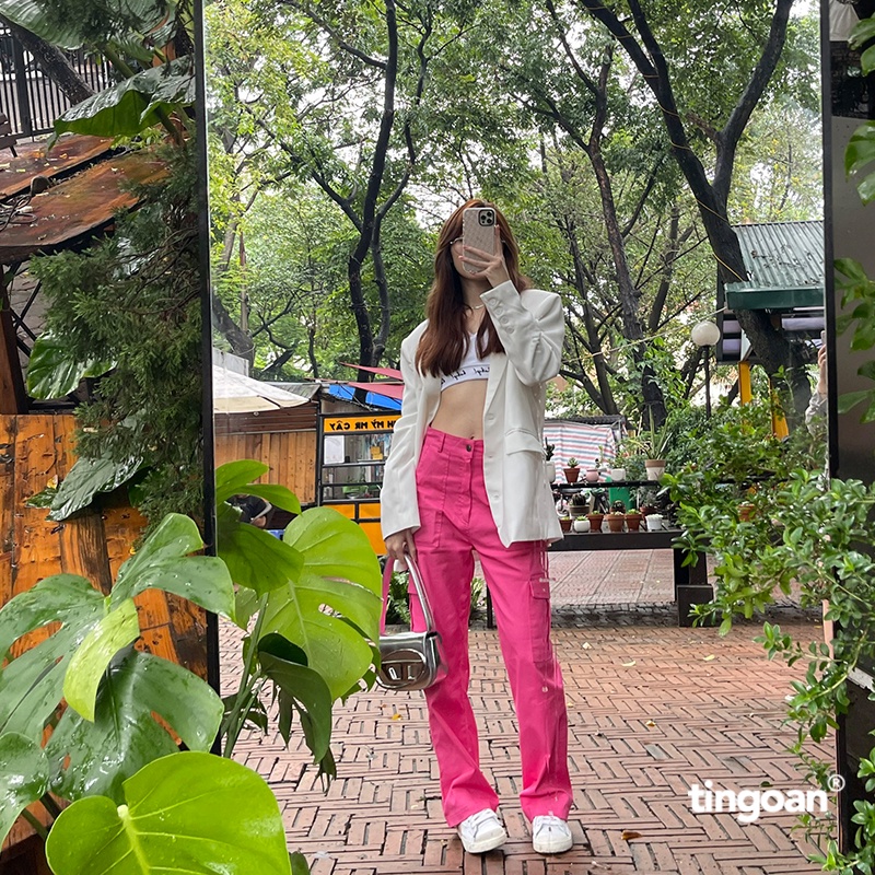 TINGOAN® - Quần dài kaki hồng cạp thường ống xuông túi hộp hai bên tingoan LOVE REMOVER PANTS/PK