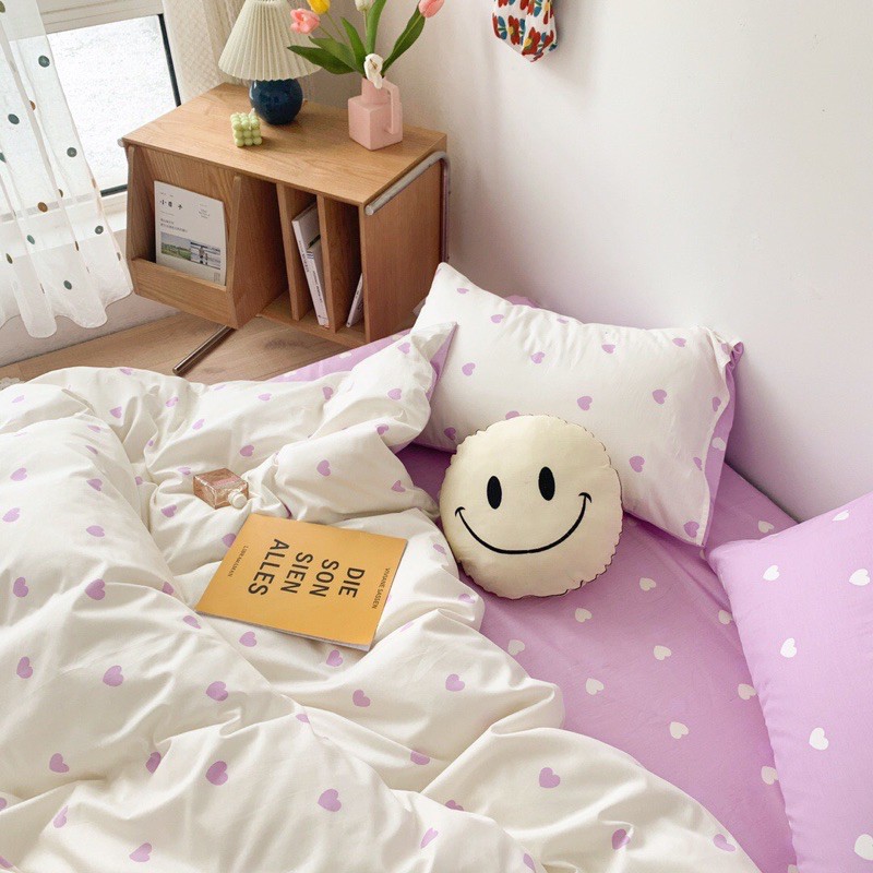 Bộ chăn ga gối cotton poly -mẫu trái tim tím trắng -luis bedding miễn phí bo chun theo kích thước