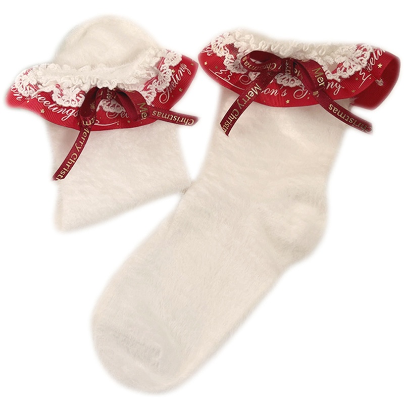 Xiangbao Vớ Ngắn Tới Mắt Cá Chân Phối Ren Ruy Băng Lông Xù Ấm Áp In Chữ Giáng Sinh Cho Nữ