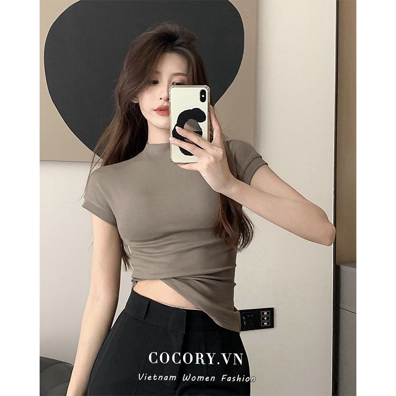 Cocory vn Áo Thun Nữ Tay Ngắn Cổ Lọ 5 Màu Sắc Lựa Chọn