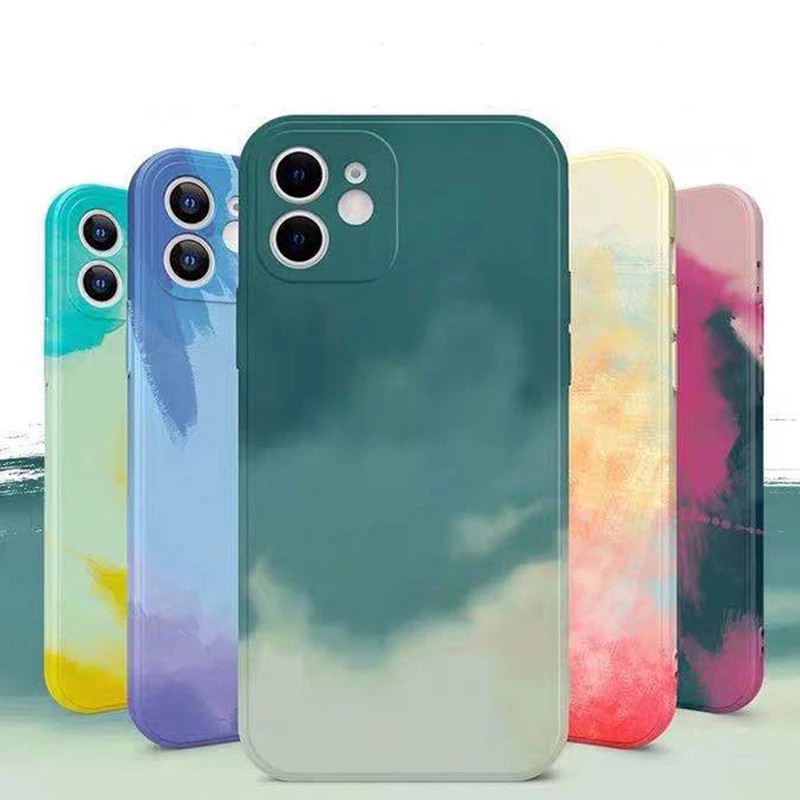 New Square Watercolor Art iPhone Xr X Xs 8 7 6s 6 Plus Se 2020 Vỏ máy ảnh Vỏ silicone lỏng Bảo vệ toàn diện Vỏ chống sốc