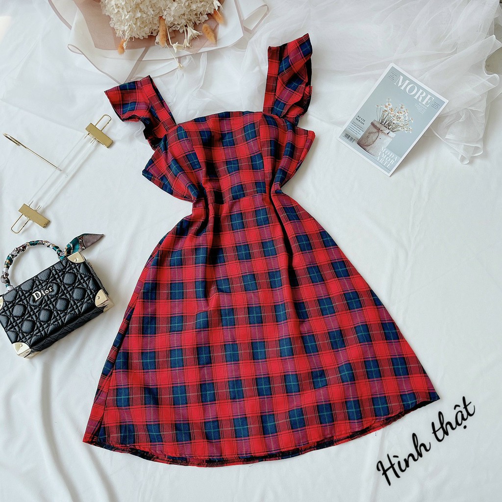 váy nữ kẻ caro tay cánh tiên phong cách tiểu thư babydoll hình thật cuối | BigBuy360 - bigbuy360.vn
