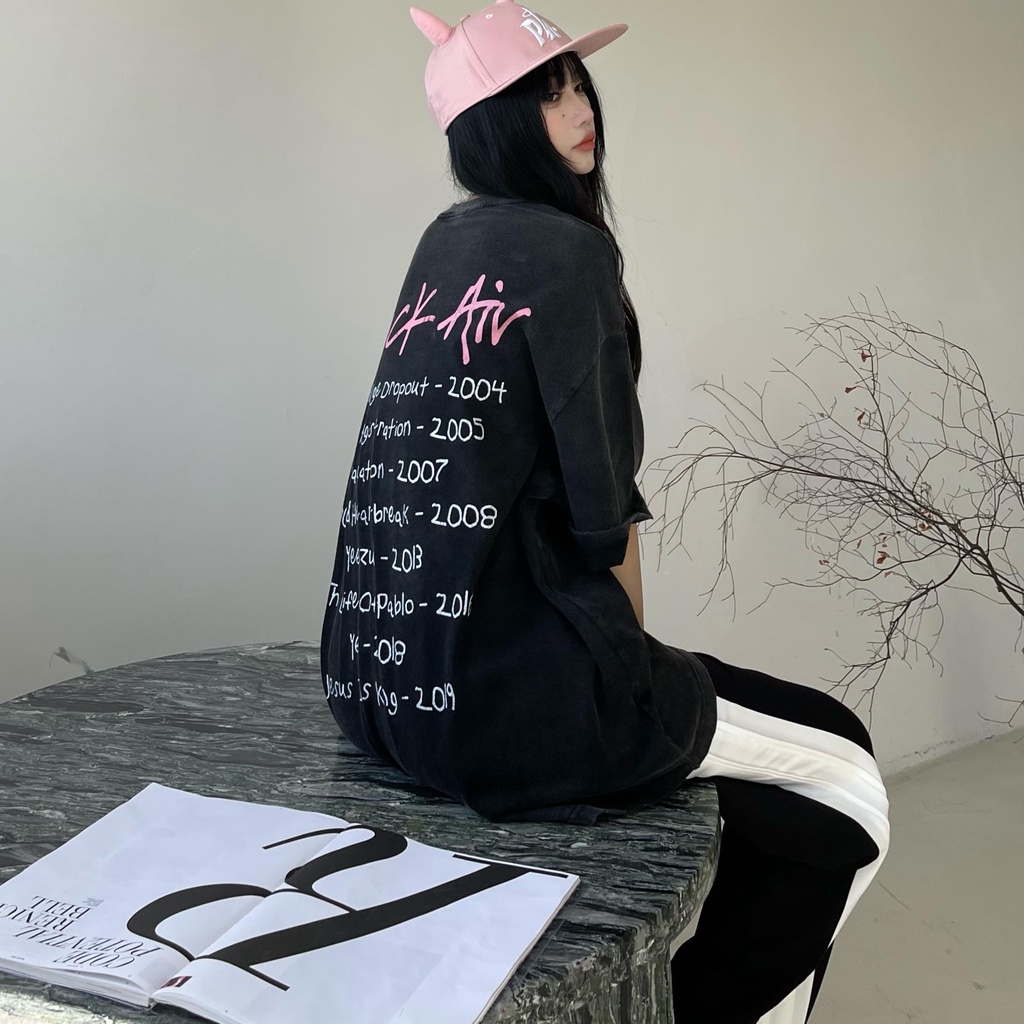 Áo thun dáng rộng tay ngắn năm phần tư màu đen in hình hồng phong cách retro Mỹ hiphop thời trang ngày thường