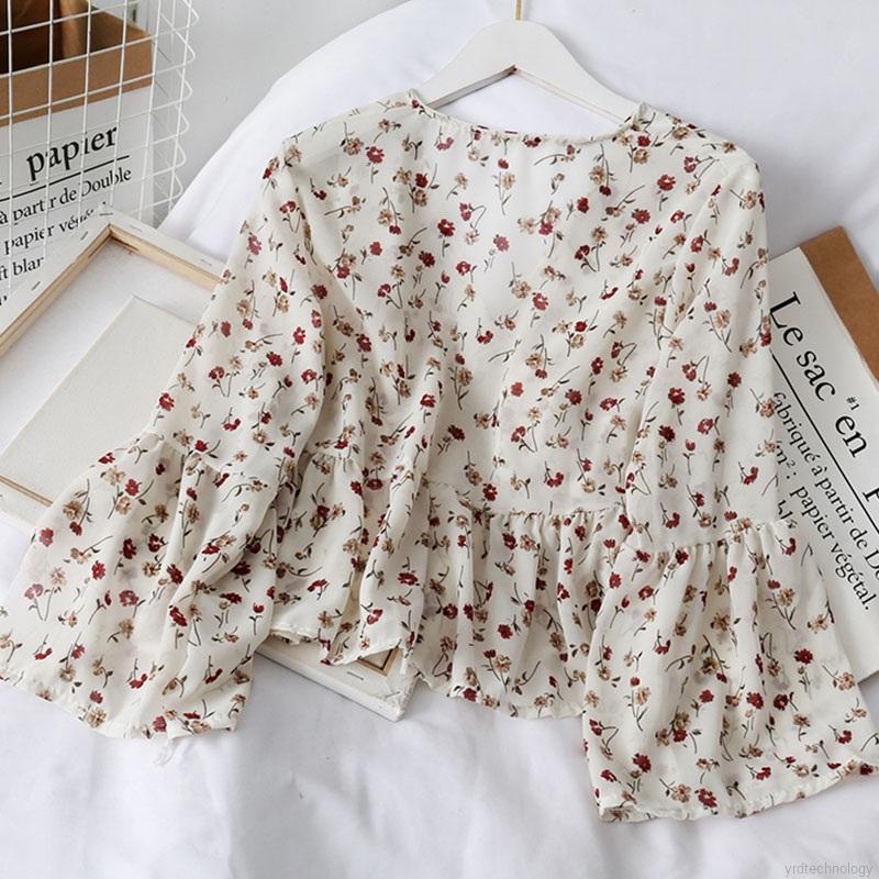 Áo kiểu chất chiffon tay dài hoạ tiết hoa thiết kế cổ chữ V nữ tính chất lượng cao