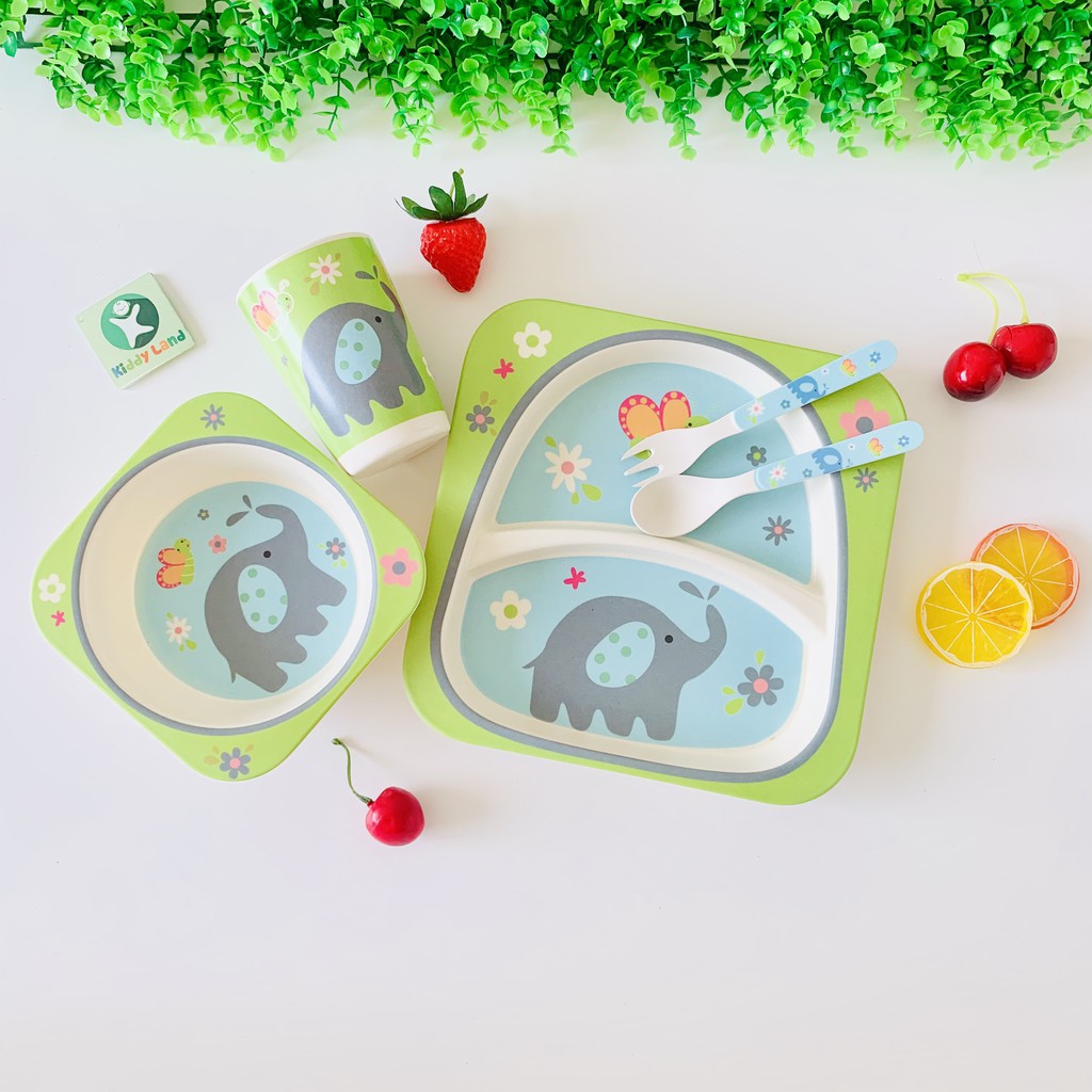 Bộ khay bát ăn dặm sợi tre BAMBOO hình thú - Set 5 chi tiết gồm khay, bát, cốc, thìa, dĩa cho bé tập ăn
