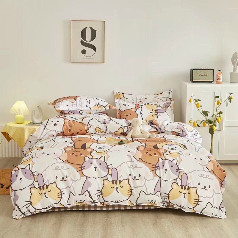Bộ chăn ga gối Poly Cotton Mèo Thỏ nhí nhố đáng yêu (Tặng vỏ gối ôm) - Miễn phí bo chun