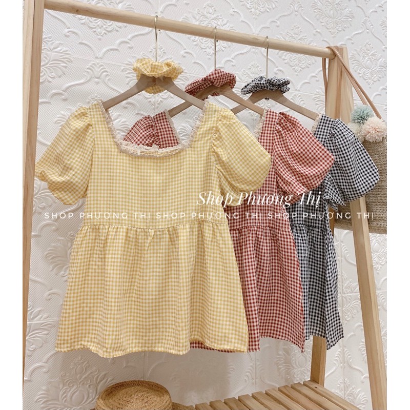 Áo babydoll kẻ tay phồng kèm chun ulzzang (hình thật/sẵn)