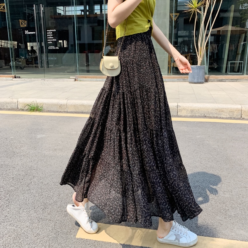 Chân váy voan BH dáng dài lưng cao in hoa thời trang mùa hè hàng mới 2022