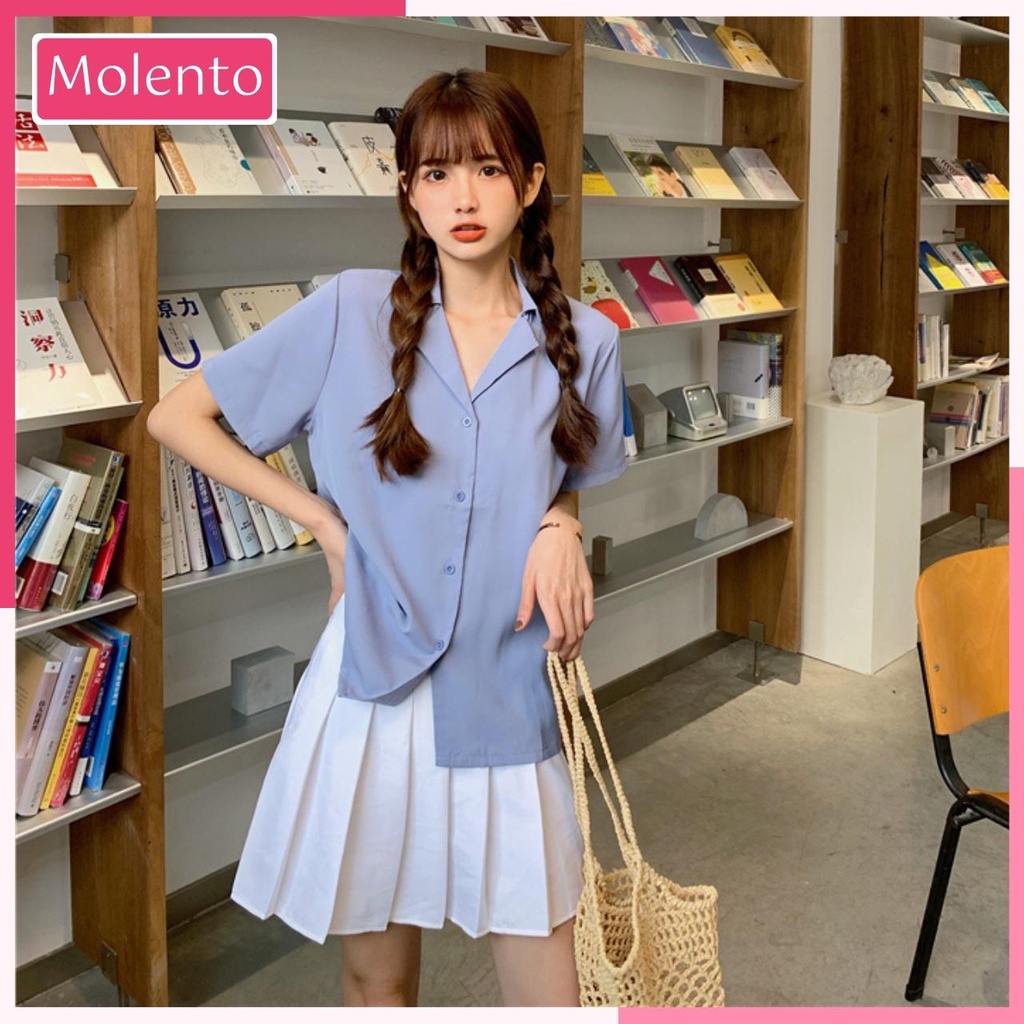 Áo Sơ Mi Nữ Cộc Tay Cổ Vest From Rộng Kiểu Hàn Quốc Đẹp Có Size Chất Đũi Tơ Nhẹ Thoáng Mát Không Bám Dính Molento M118