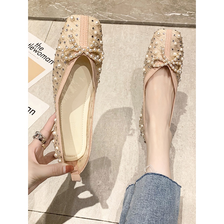 2021 New Soft Sole Square Closed Toe Flat Shoes Popular Bow Tie Pearl Slip on Loafers