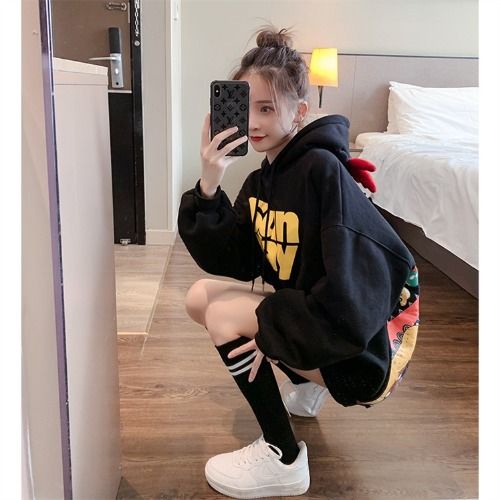 Áo Hoodie lót nhung form rộng phong cách Hàn Quốc cho nữ