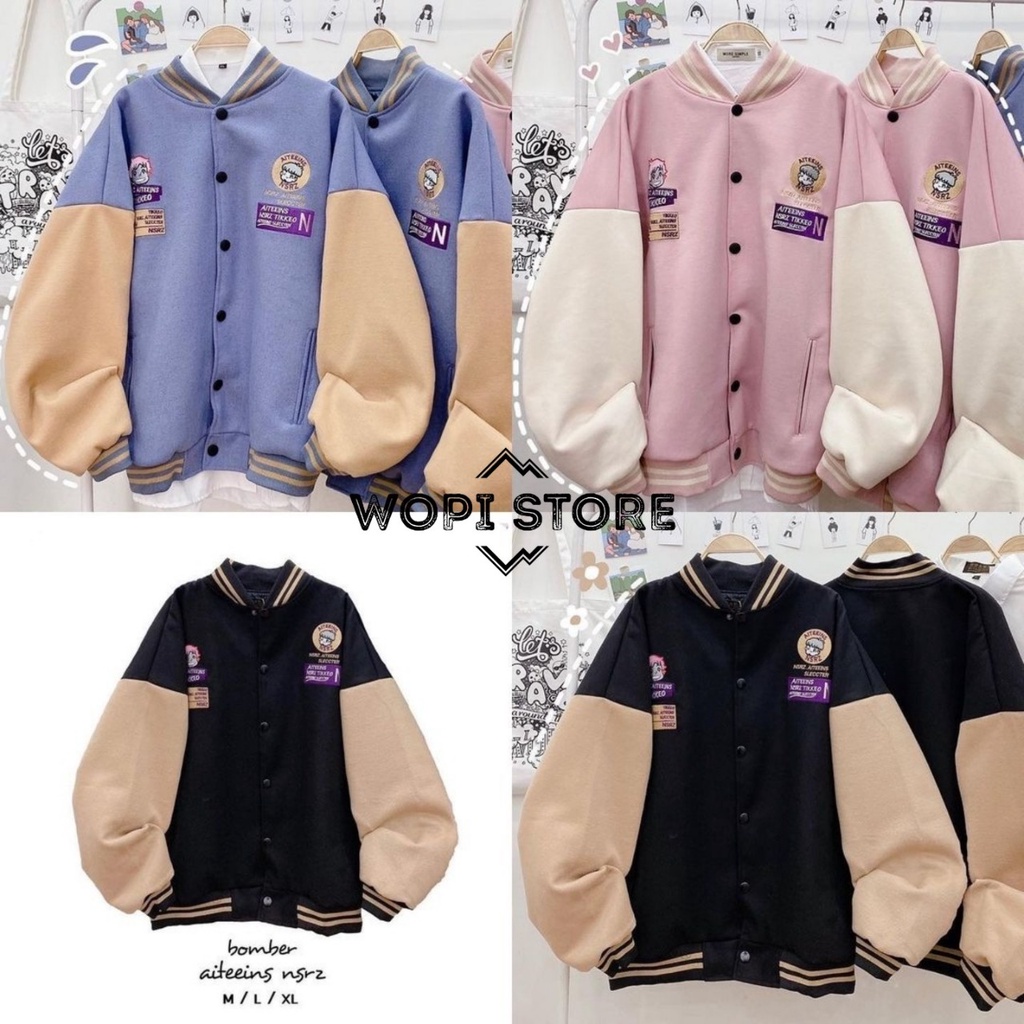 Áo Khoác Bomber TIKKEO Thêu Logo Nổi Phối Nút Bấm Vải Nỉ Lót Dù Form Rộng Ulzzang Unisex