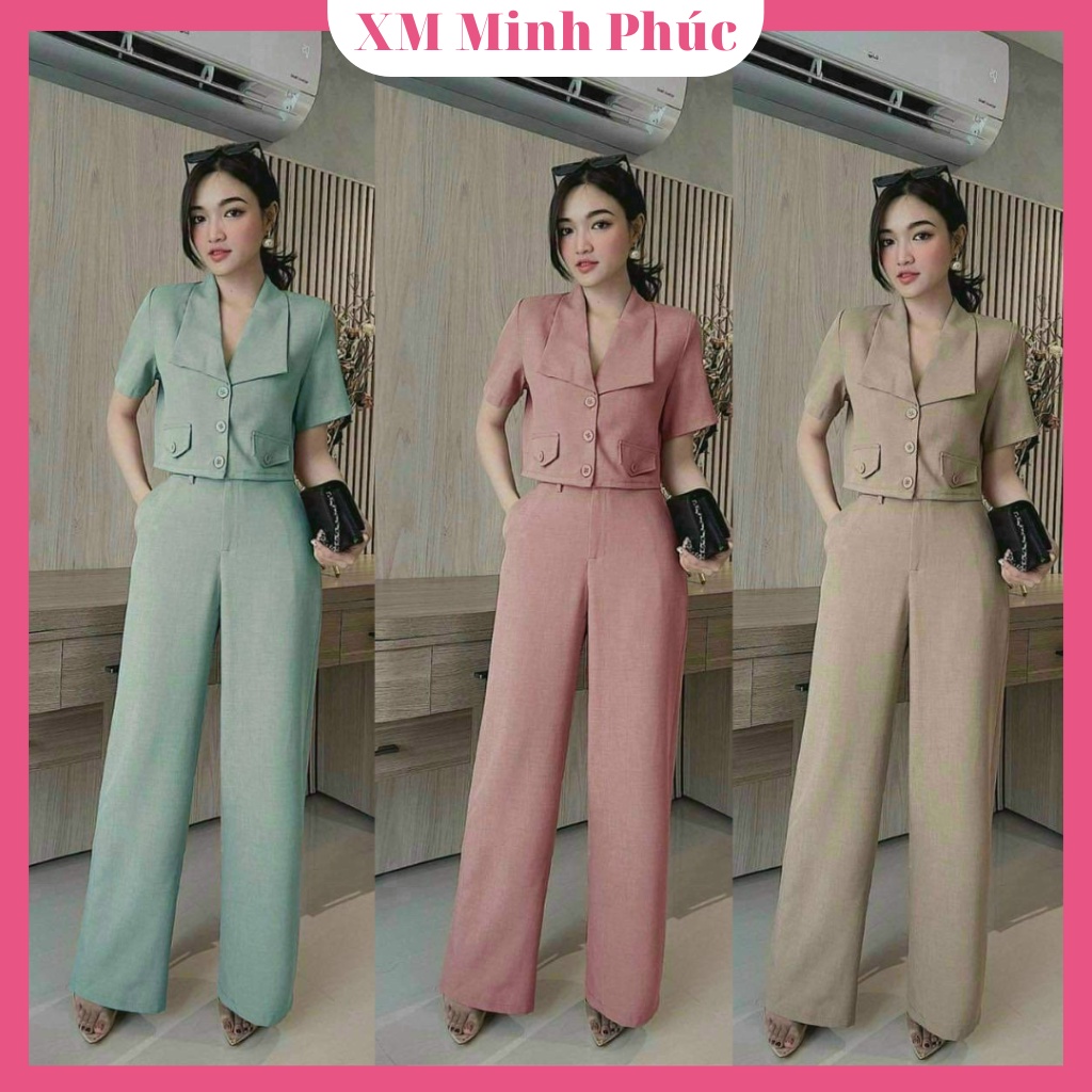 Set Đồ Nữ Sang Chảnh Đi Chơi, Đi Tiệc, Bộ Áo Vest Tay Ngắn Cách Điệu Phối Quần Ống Rộng Thời Trang Nữ Xm Minh Phúc