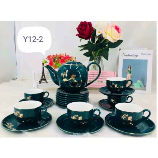 Ấm Chén Uống Trà Men Lục Bảo Vàng Kim Họa Tiết Hoa Sen
