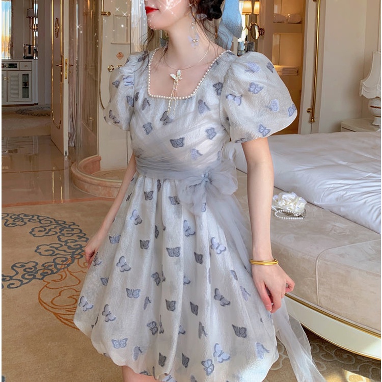 Đầm Công Chúa Tay Phồng Cổ Vuông Phối Lưới Đính Ngọc Trai Và Nơ Thời Trang Mùa Hè Phong Cách Pháp Mới Cho Nữ