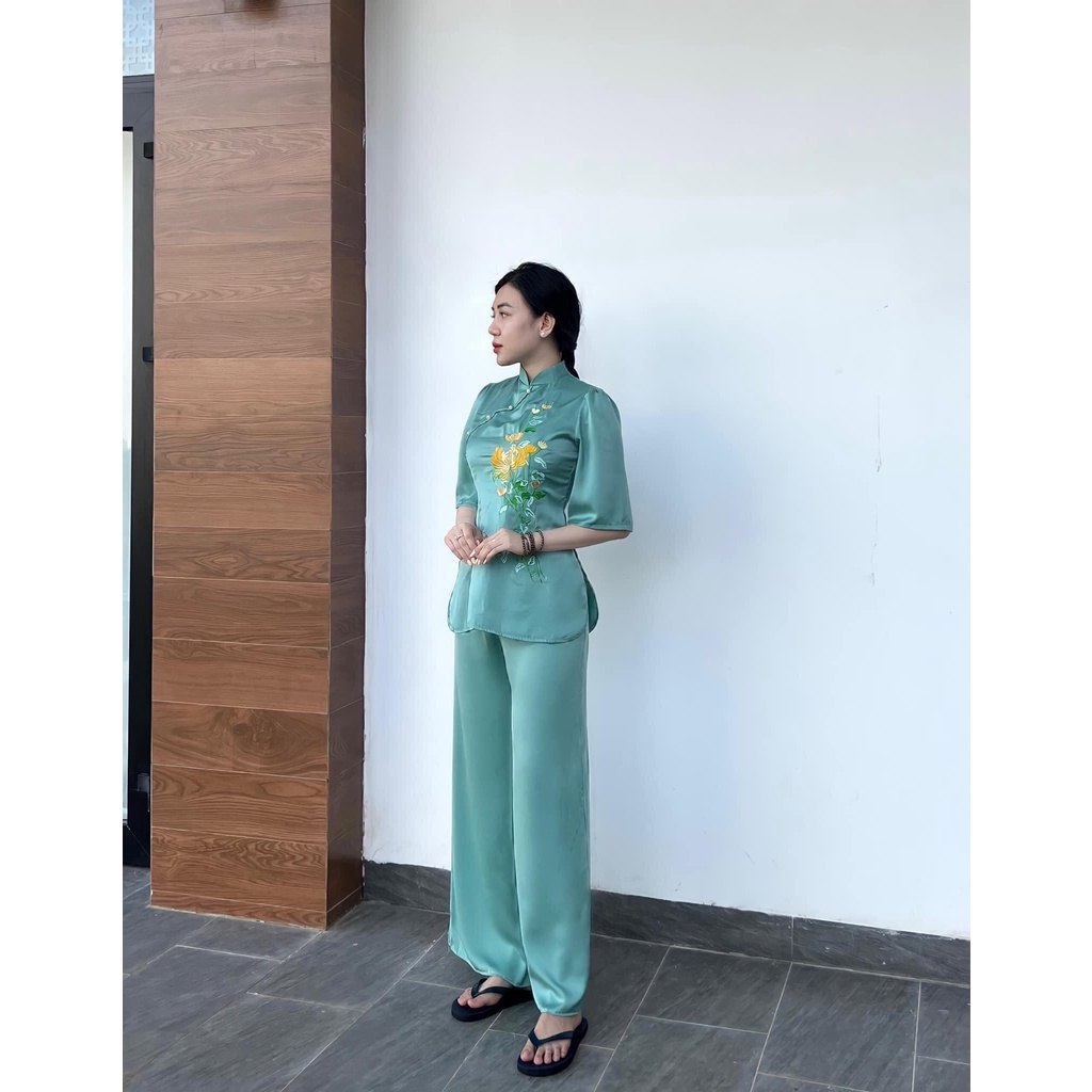 Đồ Làm Đi Chùa Nữ kiểu bà ba Trắng, Xanh Mint, Xanh rêu chất liệu gấm lụa Thêu Hoa Cúc, mền mịn,cổ trụ, tay lỡ - AL043