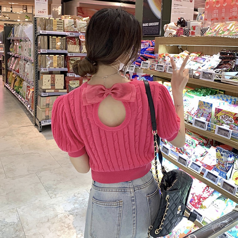 Áo Thun Dệt Kim Tay Ngắn Đính Nơ Màu Đỏ Hồng Eo Cao Thời Trang Mùa Hè Dành Cho Bạn Nữ