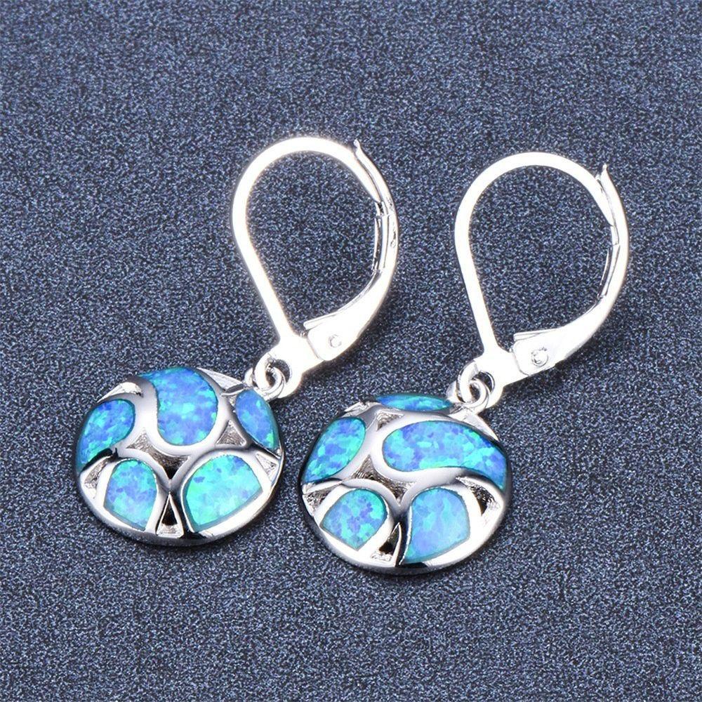 HS Khuyên Tai Tròn Đính Đá Opal Xanh Lam / Trắng Dễ Thương Cho Nữ