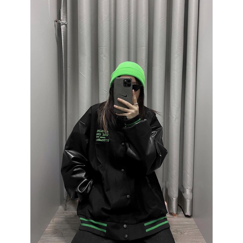Áo Khoác Nữ, Áo Bomber bóng chày Phối Tay Da Chữ M Hot Hit style Hàn Quốc siêu ngầu | BigBuy360 - bigbuy360.vn