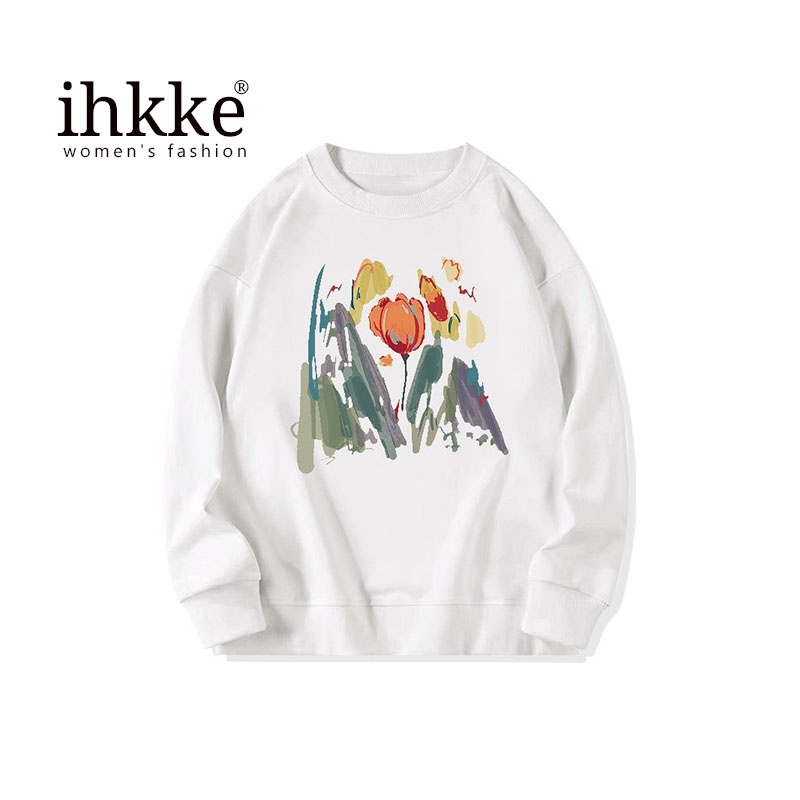 Áo sweater/ Áo thun Ihkke ngắn/ dài tay cổ tròn không có mũ trùm đầu dáng rộng in hình thời trang mùa thu mới