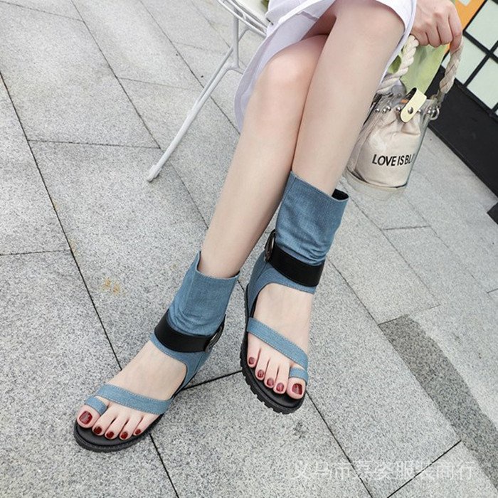 Giày Sandal denim Cổ Cao Hở Ngón Đế Xuồng Thời Trang Cổ Điển Cho Nữ