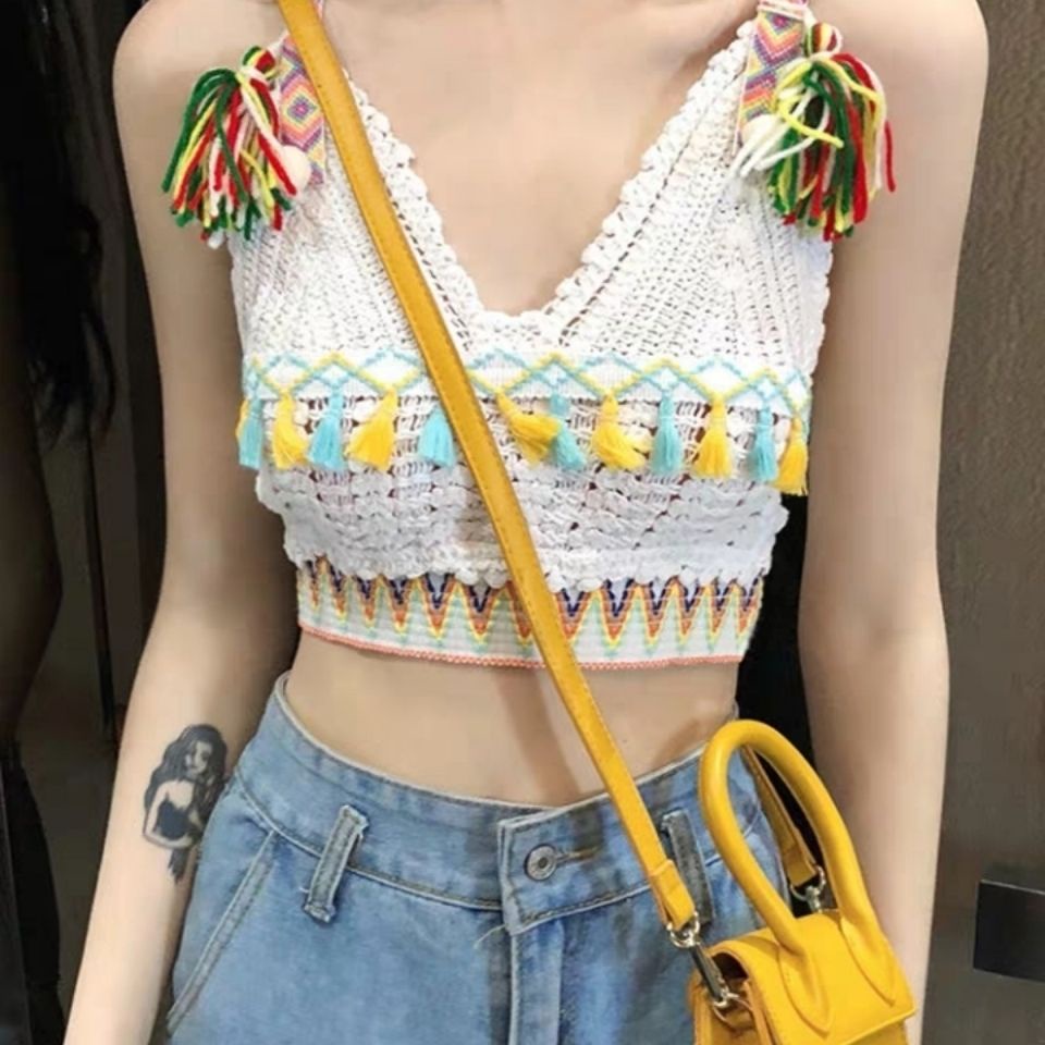 JSC Jiashucheng Áo Dệt Kim Khoét Lỗ Phối Tua Rua Màu Sắc Cầu Vồng Phong Cách Dân Tộc Thời Trang Mùa Hè 2019