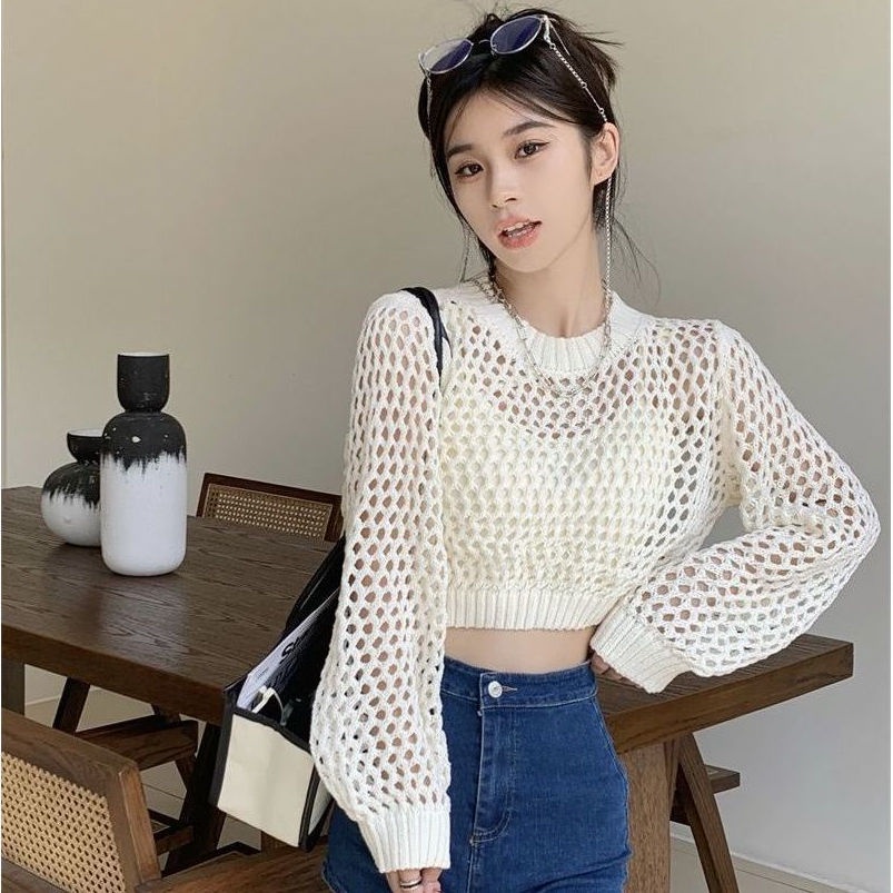 Áo Croptop lưới len mỏng phi hành đoàn rỗng dài tay dệt kim phụ nữ
