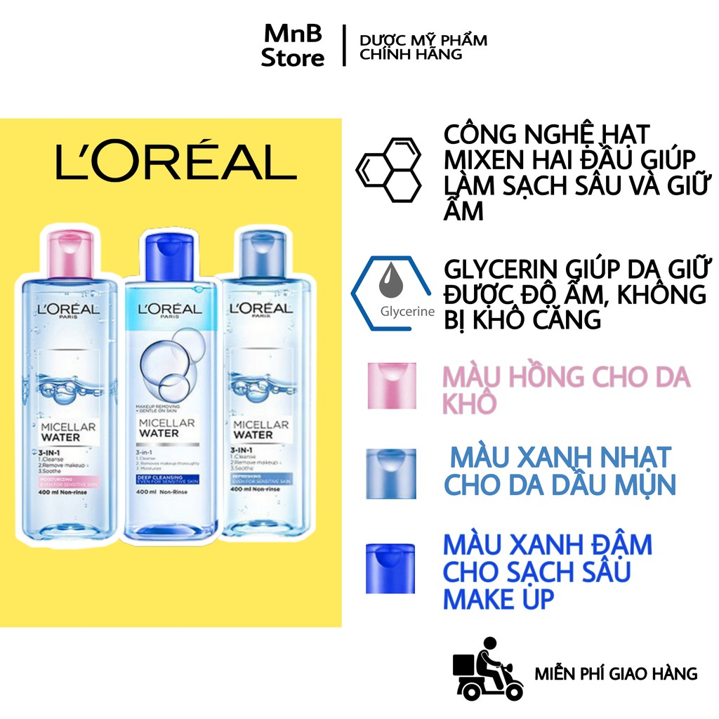 [Mã COSDAY giảm 8% đơn 150K] Nước tẩy trang Loreal - L'Oreal Paris 3-in-1 Micellar Water làm sạch sâu dịu nhẹ