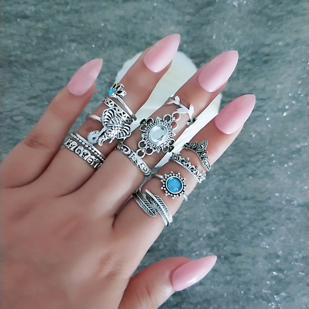 Bộ 12 Nhẫn Đốt Ngón Tay Đính Đá Phong Cách Boho Cổ Điển
