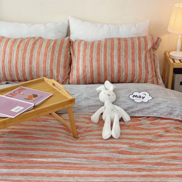 Bộ chăn ga gối Cotton Poly hoạ tiết kẻ 4 màu cam xanh lá xanh dương nâu MÂY BEDDING đủ kích thước nệm