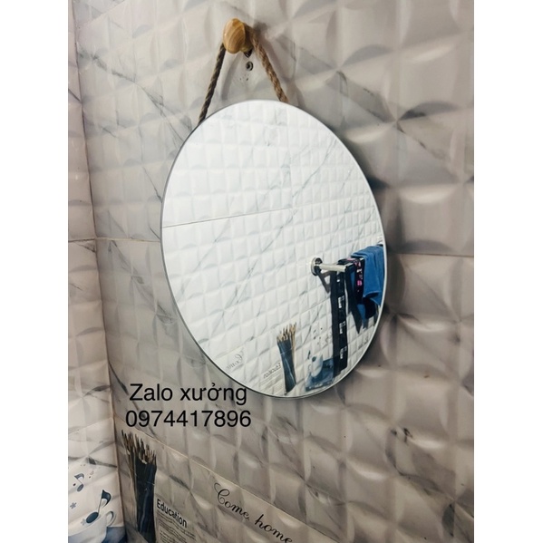 Gương tròn 30cm treo dây đay nâu, dây trắng, dáng Decor Hàn Quốc.