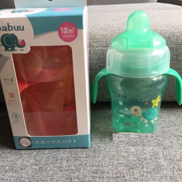 Bình tập uống nước đầu hút silicon mỏ vịt có tay cầm Babuu Nhật Bản 240ml bình nước cho bé đi học Homedy Kids BN09