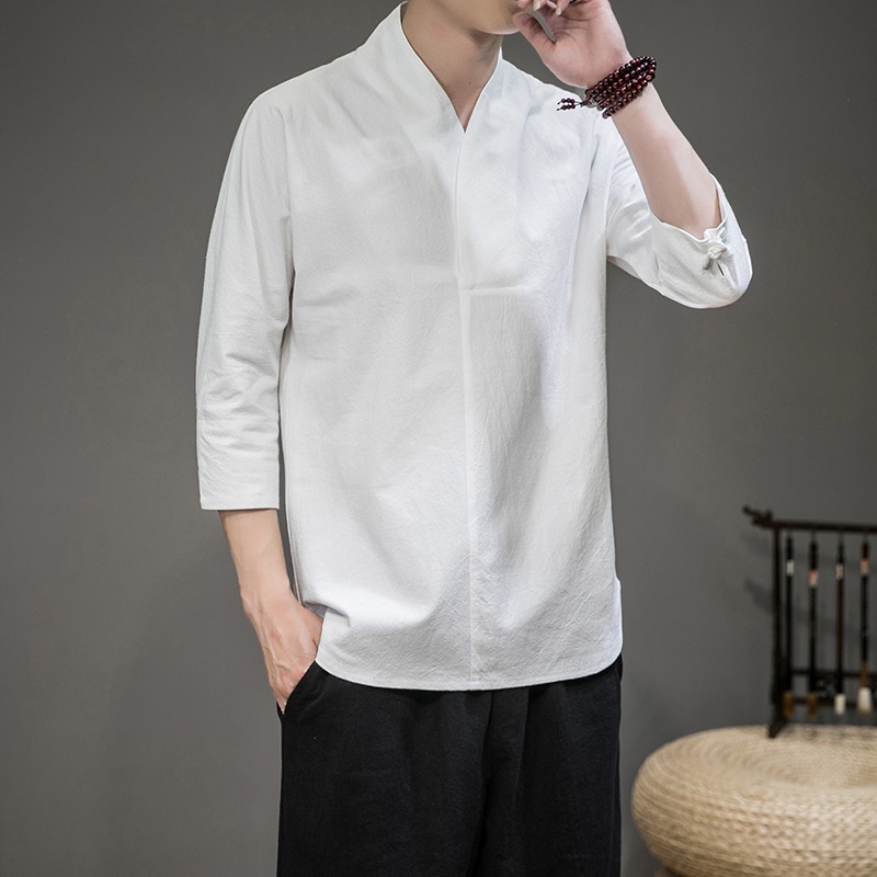 Áo Sơ Mi Vải Lanh Cotton Mỏng Cổ V Màu Xanh / Trắng / Đen Kiểu Kimono Trung Hoa Thời Trang Mùa Hè Cho Nam
