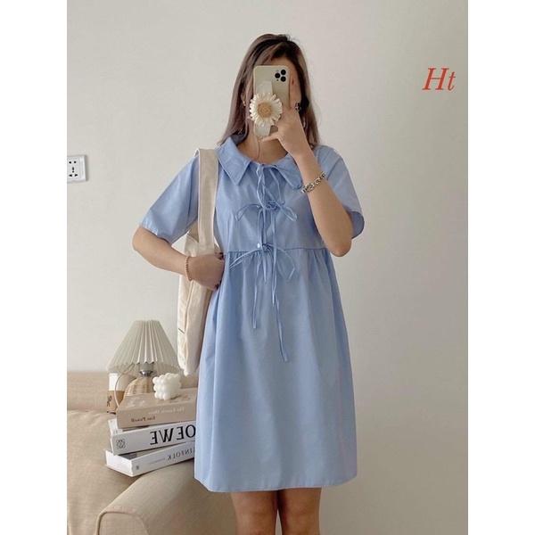 Váy baby doll xanh 3 hàng nơ H2V566