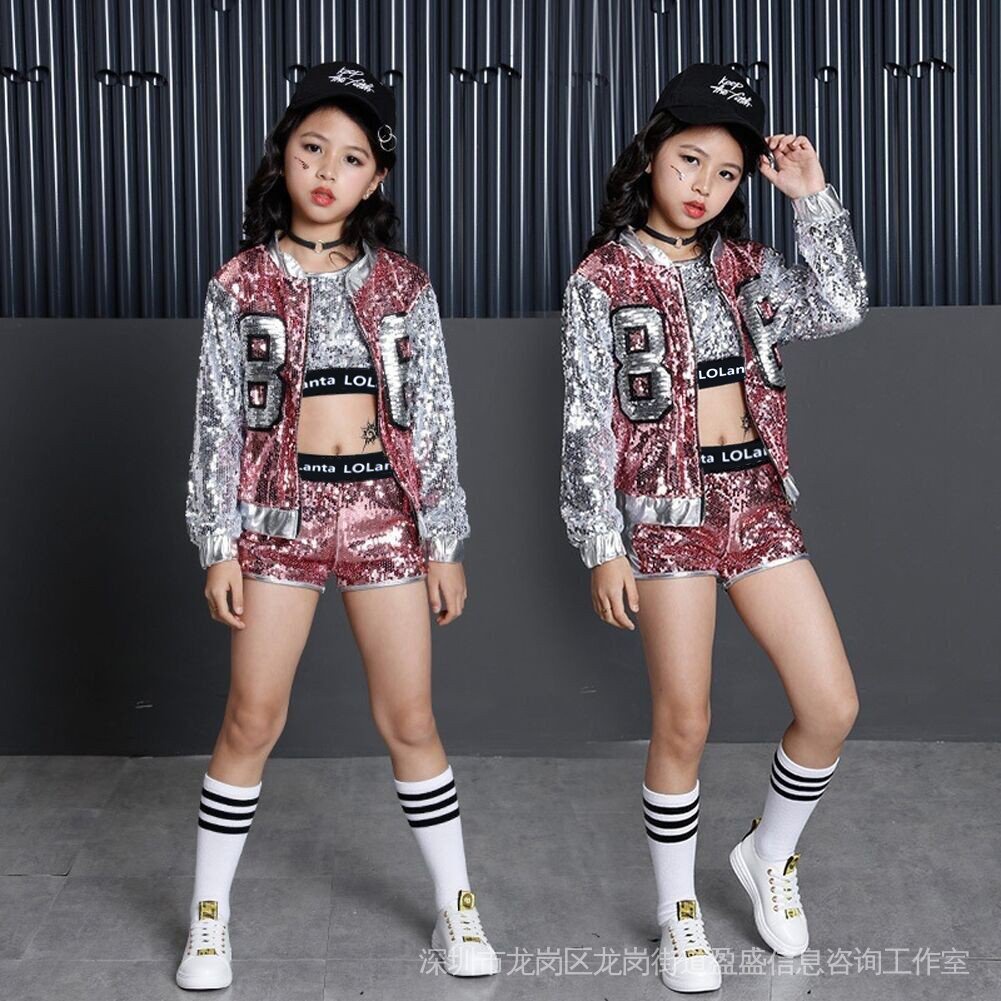 Bộ Áo Croptop 3 Món Lấp Lánh Phong Cách hip hop Cho Bé Gái