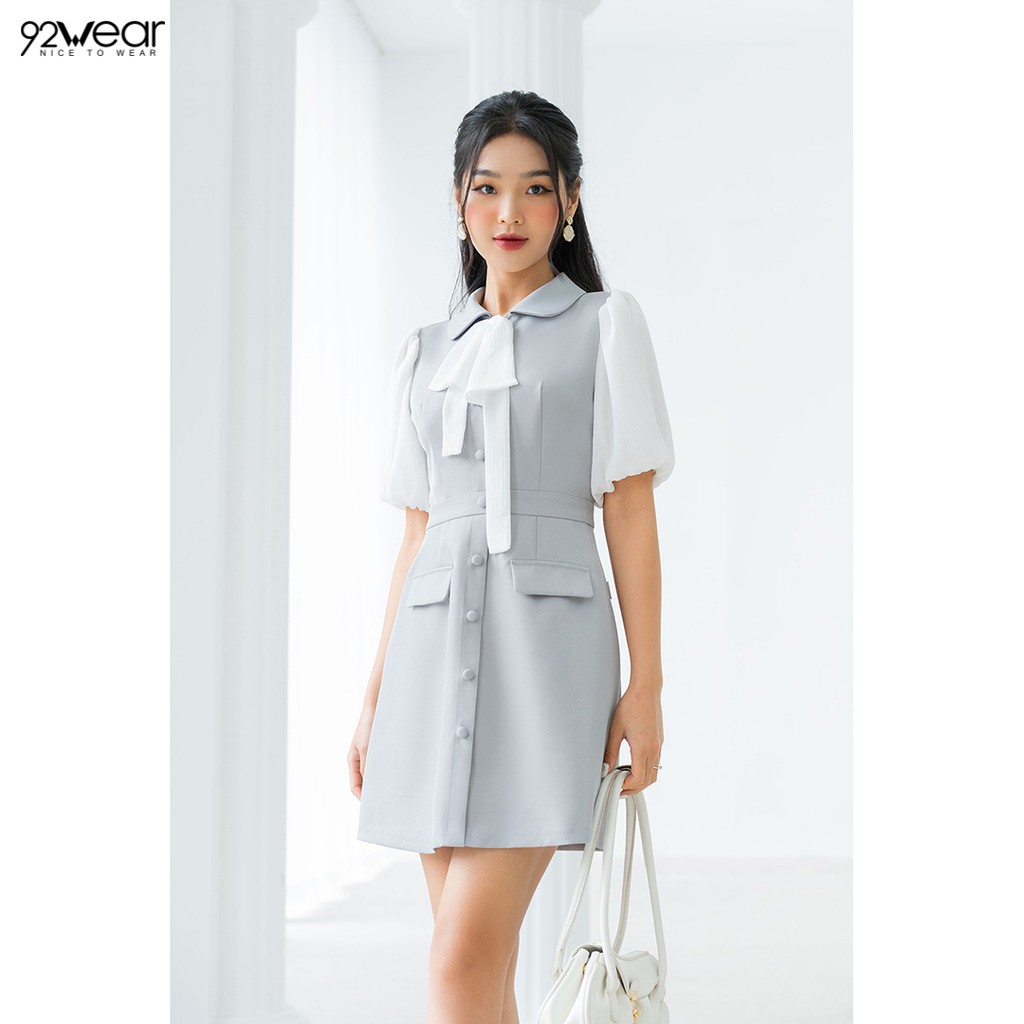 Đầm váy nữ công sở 92WEAR đủ màu, đủ size,xòe nơ cổ phối tay DEW0616