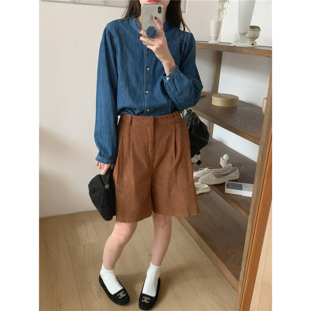 Áo Sơ Mi denim Tay Dài Cổ Đứng Phối Nút Kim Loại Phong Cách retro 67785