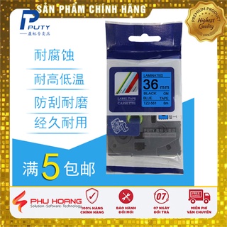 Nhãn in TZ2-561, Khổ rộng 36mm, chữ đen nền xanh dương (Black on blue), nhãn đa lớp, bám dính cao