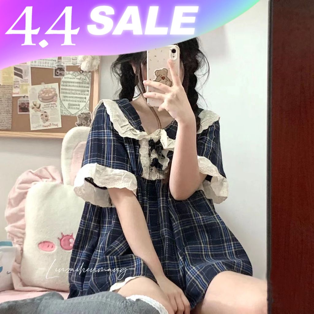 Set đồ ngủ ngắn họa tiết caro cổ búp bê ngắn tay phối ren thời trang xuân hè dành cho học sinh