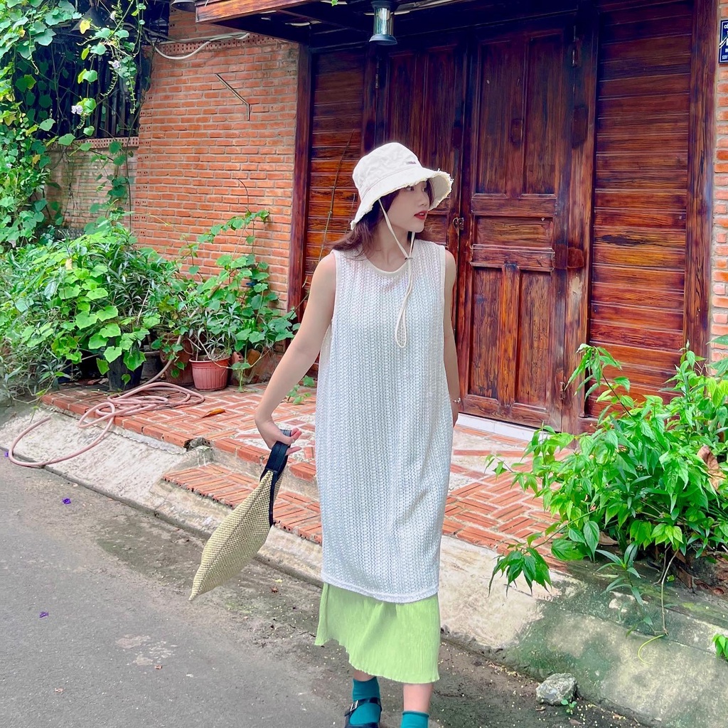 (HÀNG SẴN - HÌNH THẬT) Set váy maxi 2 dây + váy len cọc tay đan lưới xinh xắn phong cách Ulzzang Hàn Quốc