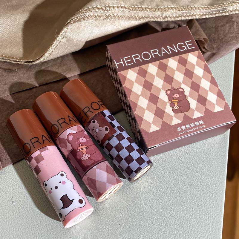 Herorange ~ Bộ Son Bóng Thủy Tinh Nước Mềm Mịn Hình Gấu Mật Ong Kẻ Caro Cho Nữ Sinh