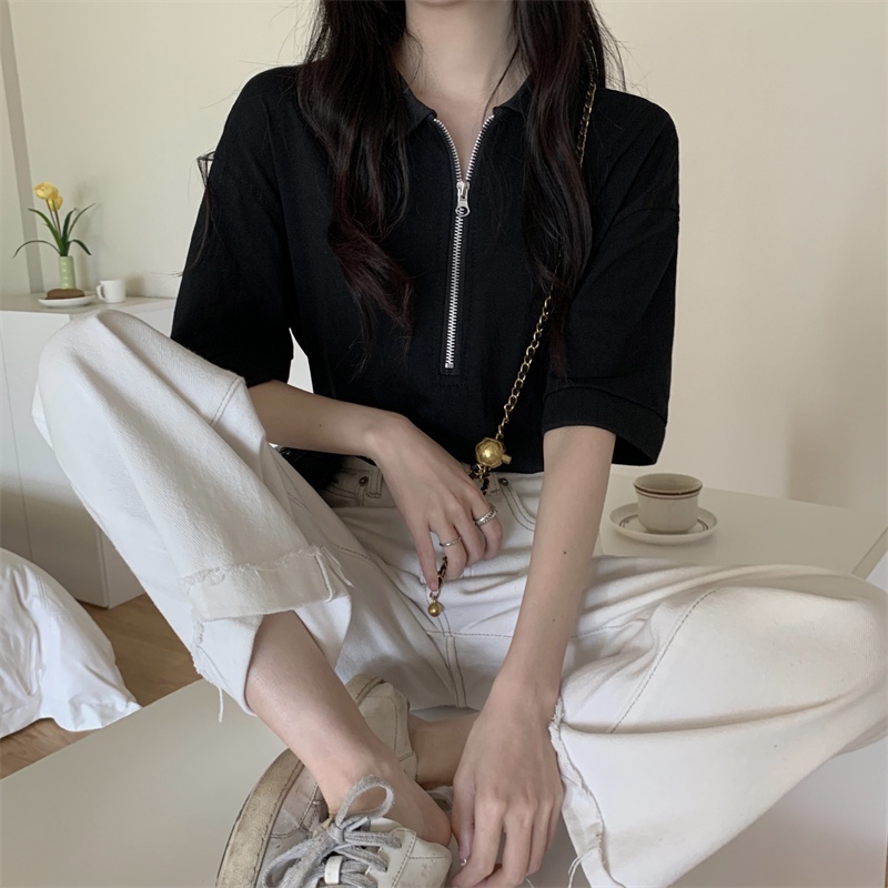 Áo Thun polo Màu Đen Tay Ngắn Có Khóa Kéo Thời Trang Cho Nữ