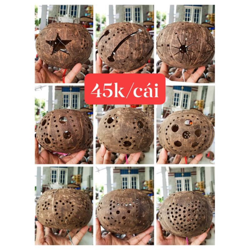 Lồng đèn gáo dừa size lớn - tặng 3 nến chén, đủ dây treo, tua rua, cán cầm