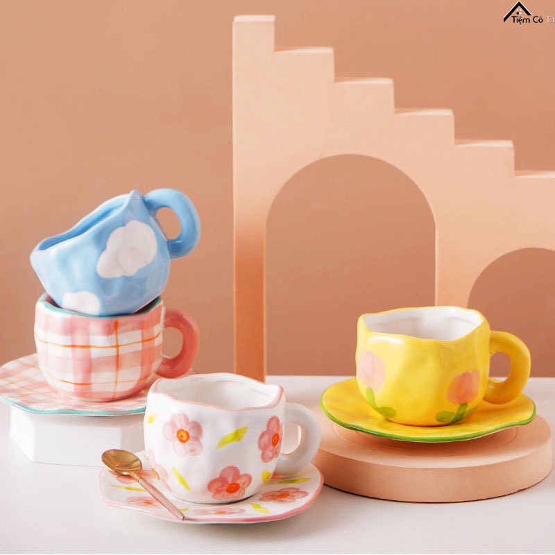 Set tách trà gốm sứ hoạ tiết retro phong cách Hàn Quốc
