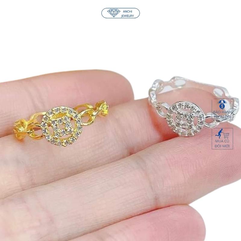 Nhẫn kim tiền chữ vạn đính đá, chuẩn bạc mạ vàng - Anchi jewelry