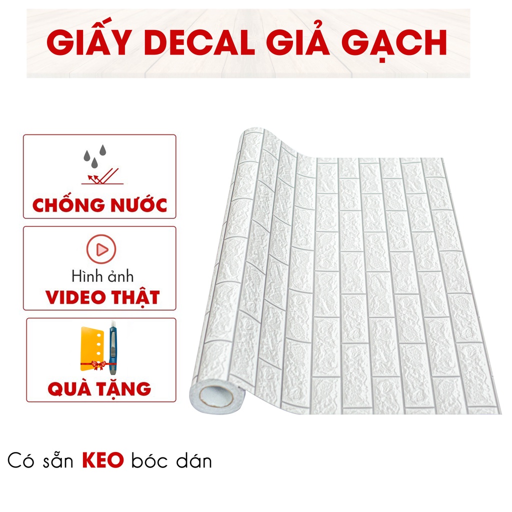 Giấy dán tường giả gạch hoa văn 3D giấy dán tường decal có sẵn keo mặt sau khổ 1,2m