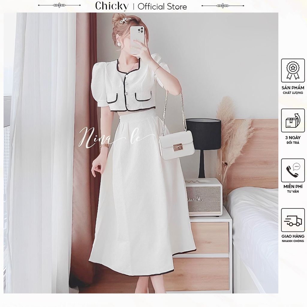 set áo và chân váy áo crotop tay phồng chạy viền phối cùng chân váy dáng xòe
