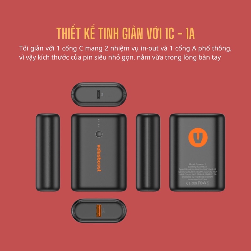 Pin dự phòng Velasboost Dynamic 1, dung lượng 10000 mAh, lõi pin Tesla 21700