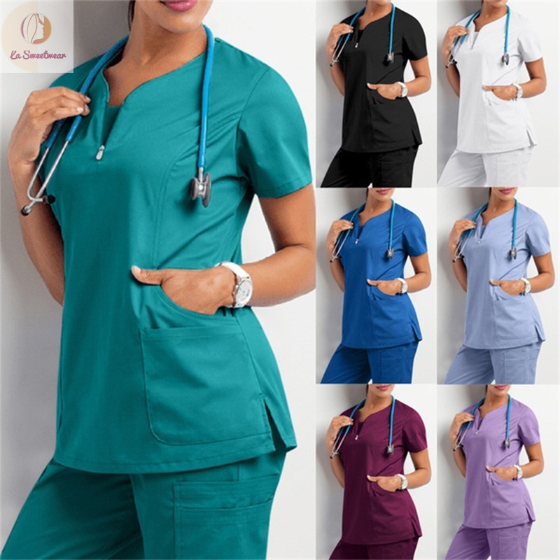 Đồng Phục Y Tá Tay Ngắn Cổ Chữ V Có Túi Bảo Vệ Cho Nam Nữ