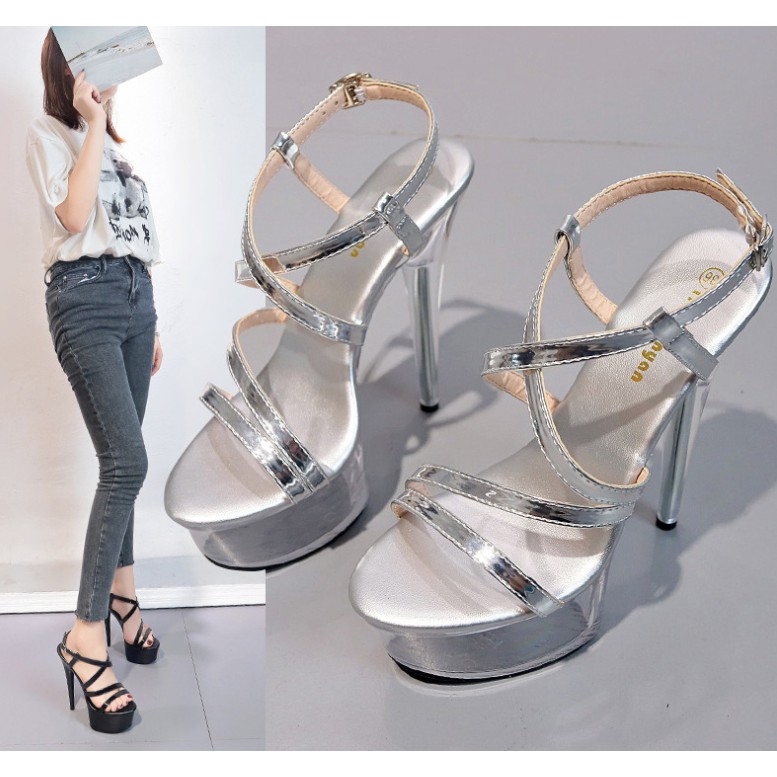Giày Cao Gót 15 Phân, Đi Catwalk, Giày Hoa Hậu Quai Chéo Sang Trọng Trẻ Trung 2 Màu Đen, Bạc